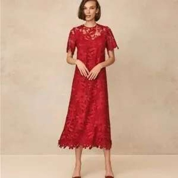 NWT PEARL by Lela Rose Ruby Floral Lace Scalloped Midi Dress Red Size L